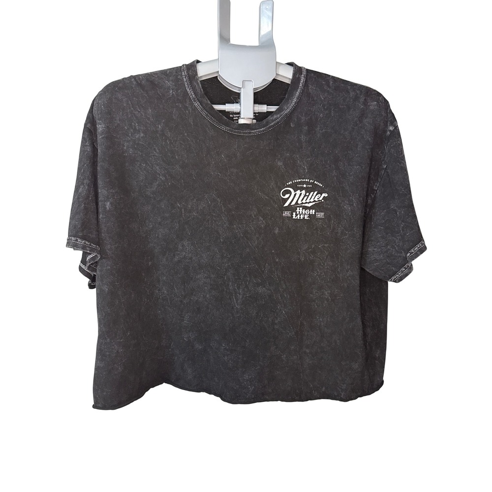 Miller High Life Mineral Wash Graphic T-Shirt XL Charcoal Grey Crop Raw Hem